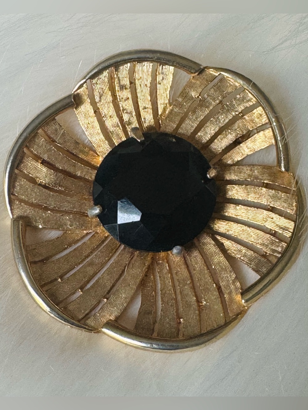 Vintage BSK signed  Big Flower Brooch with Black Center Stone